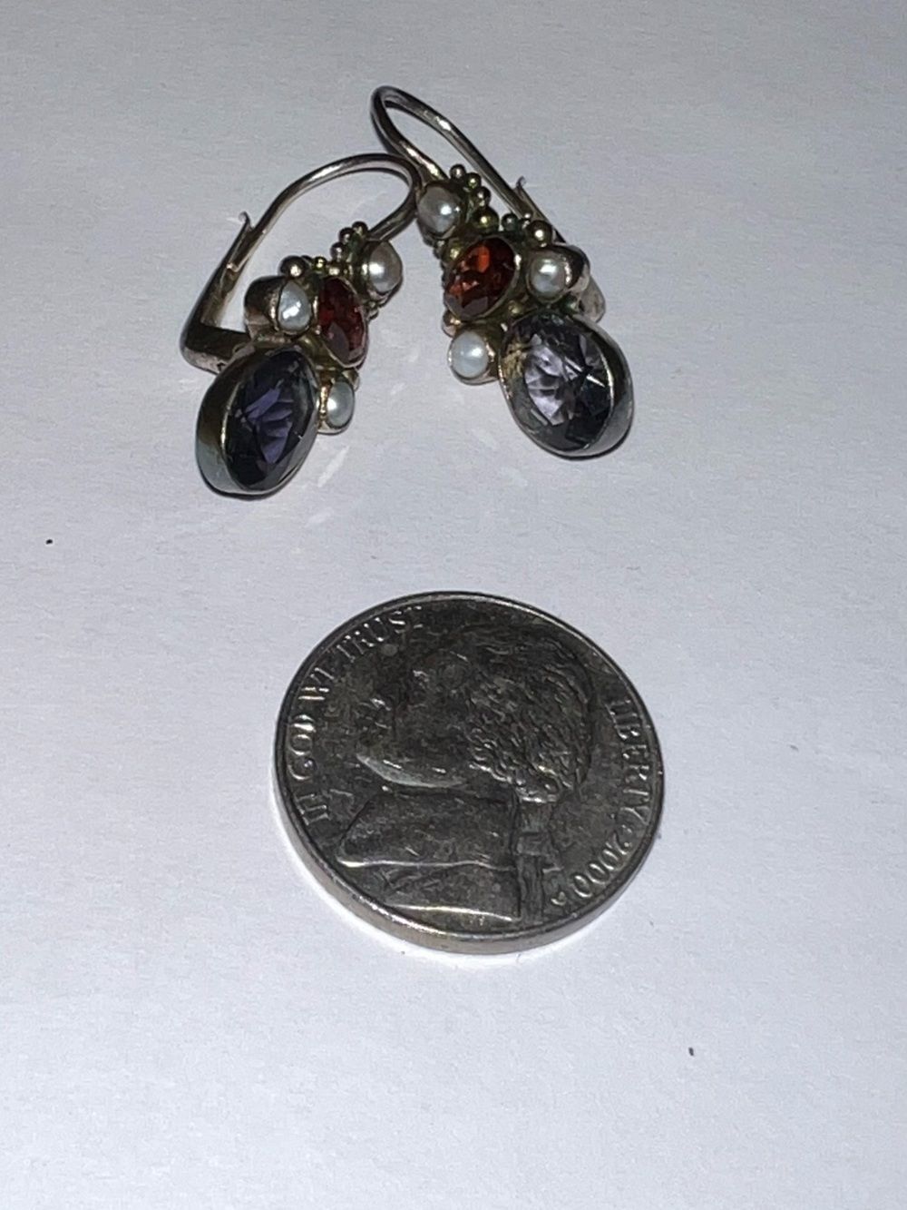 Sterling Silver Drop Earrings with Lavender and Garnet Stones and Pearls - Picture 5 of 8